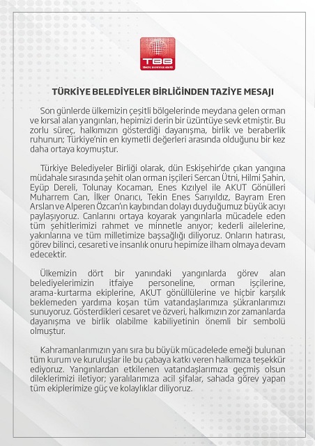 TÜRKİYE BELEDİYELER BİRLİĞİNDEN TAZİYE MESAJI
